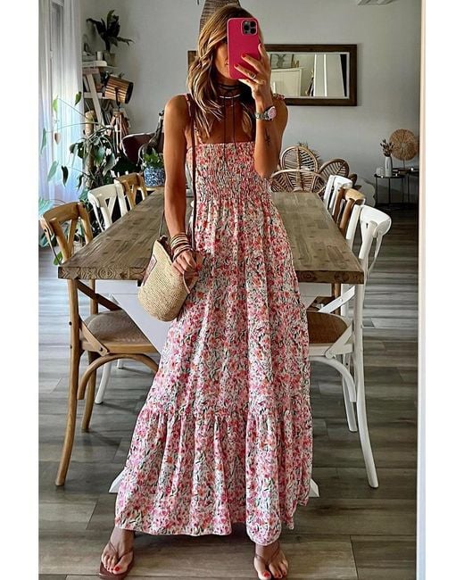 Azura Exchange White Boho Floral Smocked Ruffled Maxi Dress