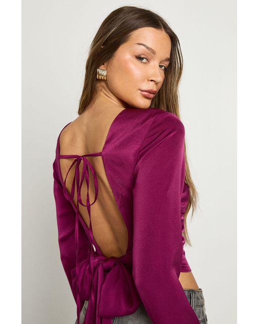 Boohoo Purple Textured Satin Tie Back Top