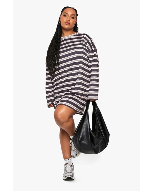 Boohoo Plus Oversized Stripe T Shirt Dress in Blue Lyst UK