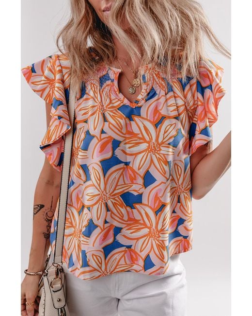 Azura Exchange Orange Floral Print Flutter Sleeve Blouse