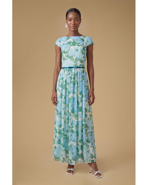 Oasis Blue Cap Sleeve Hydrangea Mesh Maxi Dress
