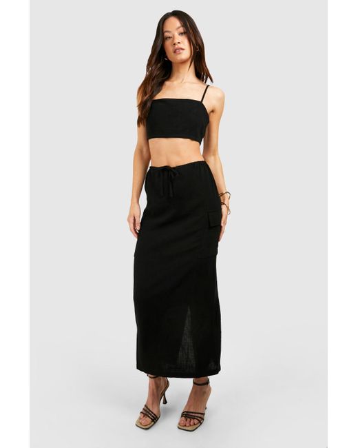 Boohoo Black Tall Linen Look Pocket Midaxi Skirt