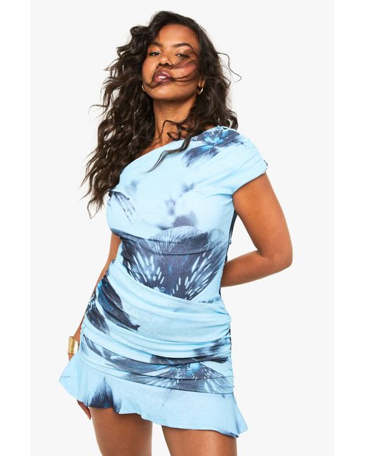 Boohoo Blue Floral Asymmetric Ruched Mini Dress