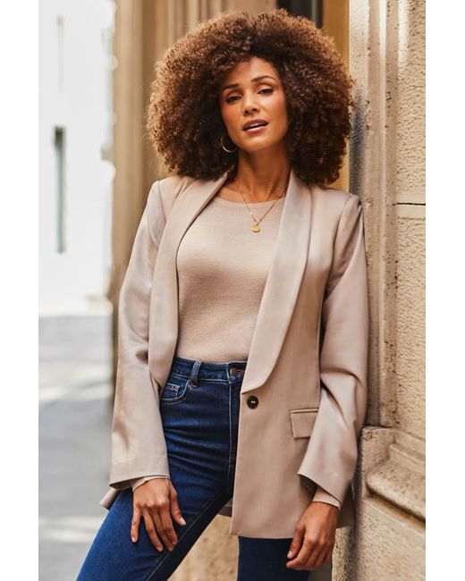 Sosandar Brown Stone Shawl Collar Blazer