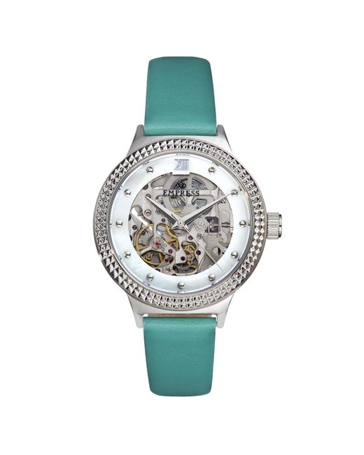 Empress Metallic Alice Automatic Mop Skeleton Dial Leather-Band Watch