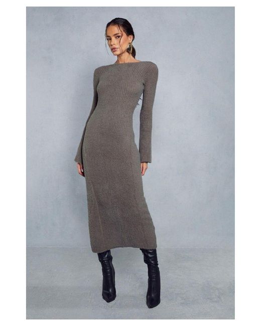 MissPap Gray Premium Fluffy Knitted Backless Split Detail Maxi Dress