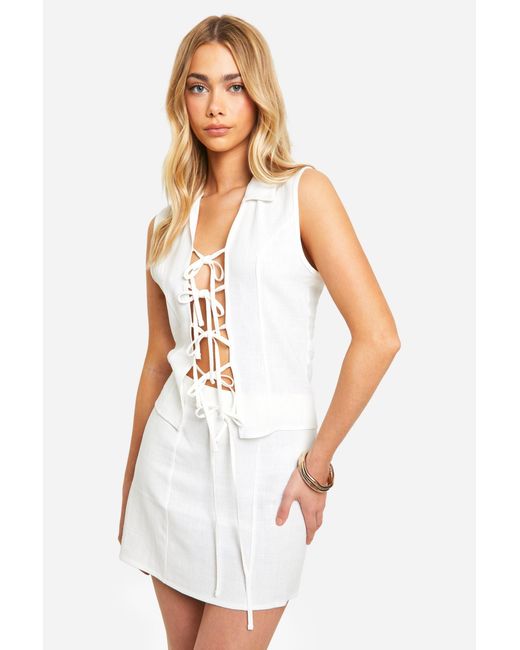 Boohoo White Linen Look Tie Front Top