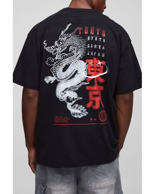 BoohooMAN Black Oversized Tokyo Dragon Graphic T Shirt for men