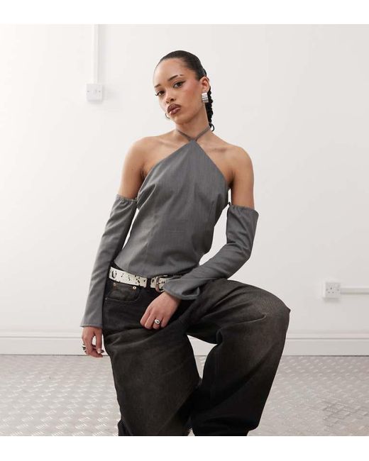 Labelrail Gray X Jennifer Mcking Tailored Halter Long Sleeve Top