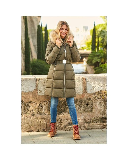 Sosandar Metallic Khaki Faux Fur Trim Luxe Longline Padded Coat