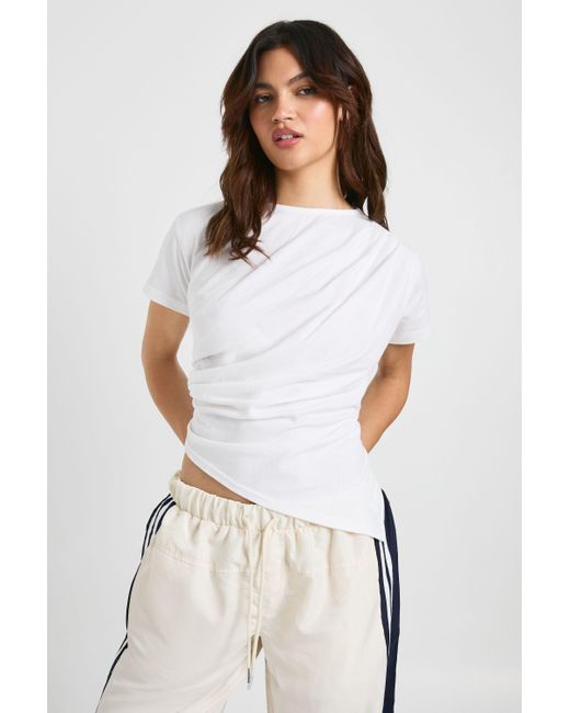 Boohoo White Asymmetric Hem Cinched Waist T-Shirt