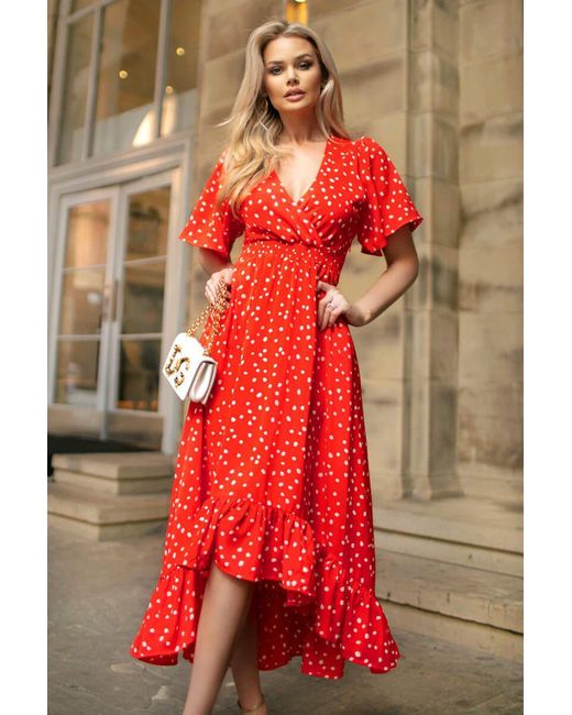 AX Paris Red And Polka Dot Printed High Low Midi Dress
