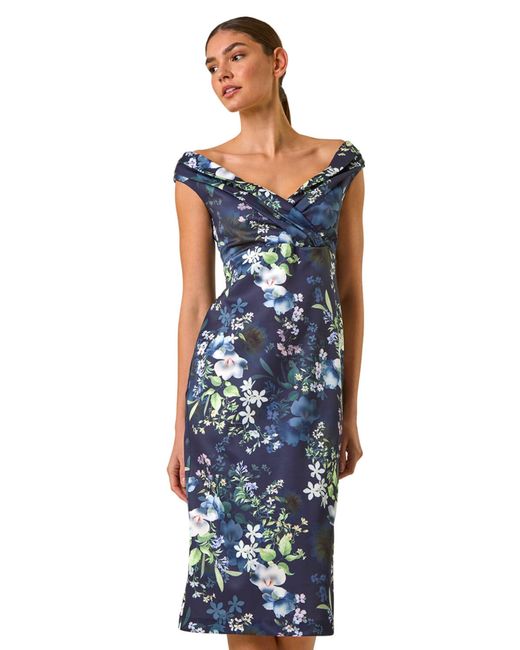 Roman Blue Floral Print Bardot Stretch Midi Dress