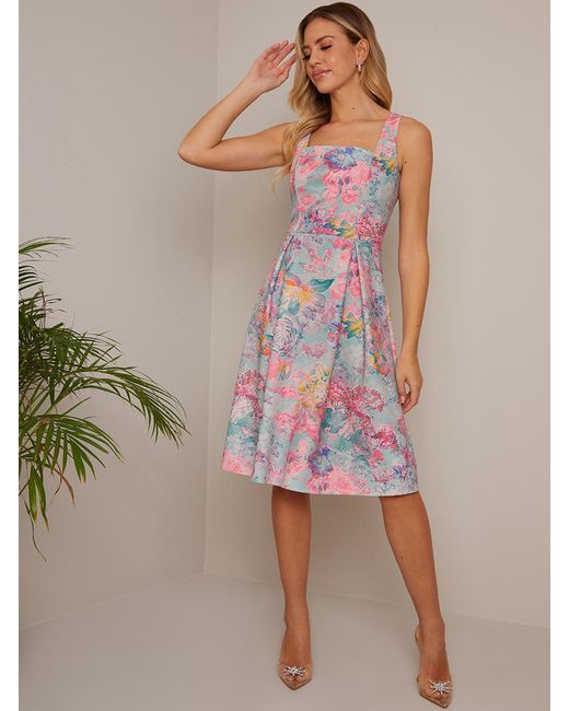 Chi Chi London Blue Sleeveless Square Neck Floral Midi Dress