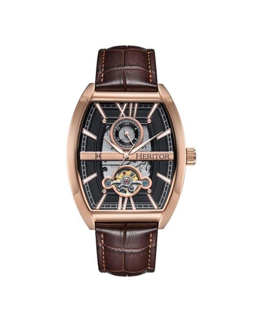 Heritor Brown Masterson Semi-Skeleton Leather-Band Watch for men