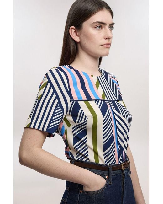 Karen Millen Blue Petite Geo Print Twill Cap Sleeve Woven Top