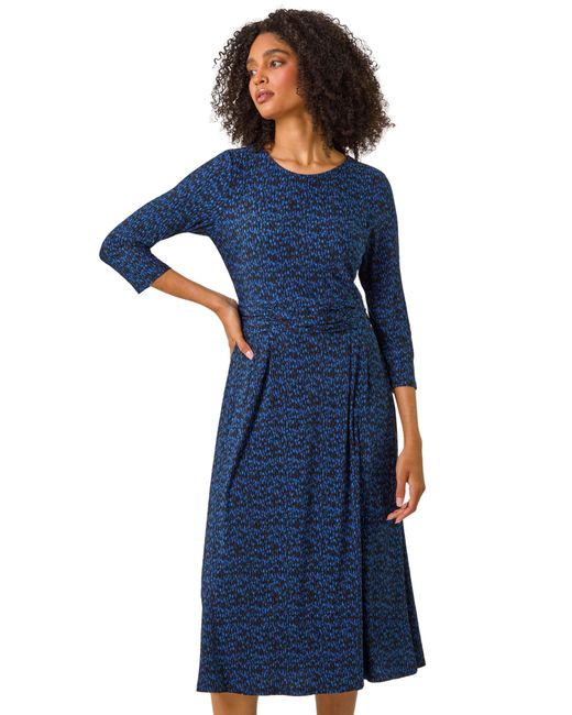 Roman Blue Abstract Stretch Ruched Dress