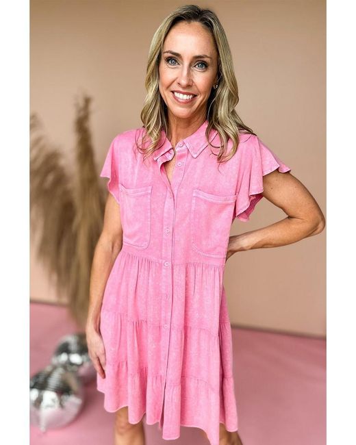 Azura Exchange Pink Bonbon Mineral Washed Ruffle Sleeve Tiered Chambray Dress