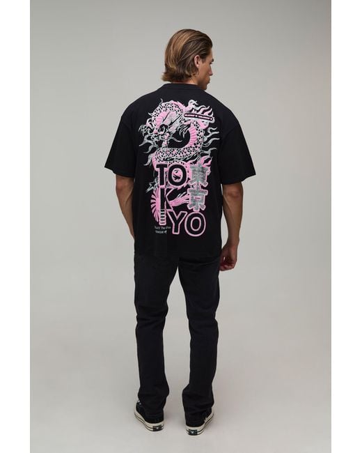 BoohooMAN Black Oversized Dragon Puff Print T-Shirt Cotton for men