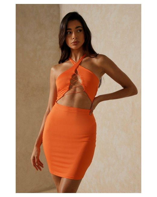 MissPap Orange Double Layer Halterneck Lace Detail Dress