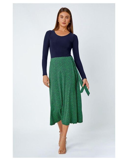 Roman Green Cotton Blend Spot Print Midi Wrap Skirt