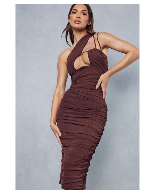 MissPap Brown Premium Mesh Asymmetric Strap Midi Dress