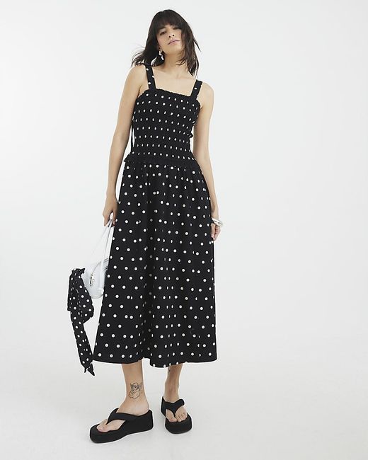 River Island White Midi Dress Polka Dot Shirred
