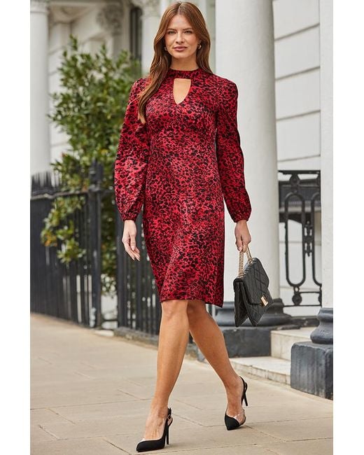 Sosandar Red Animal Print Key Hole Detail Fit & Flare Dress