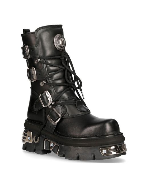 New Rock Black Leather Gothic Mid-Calf Boots-373-S4