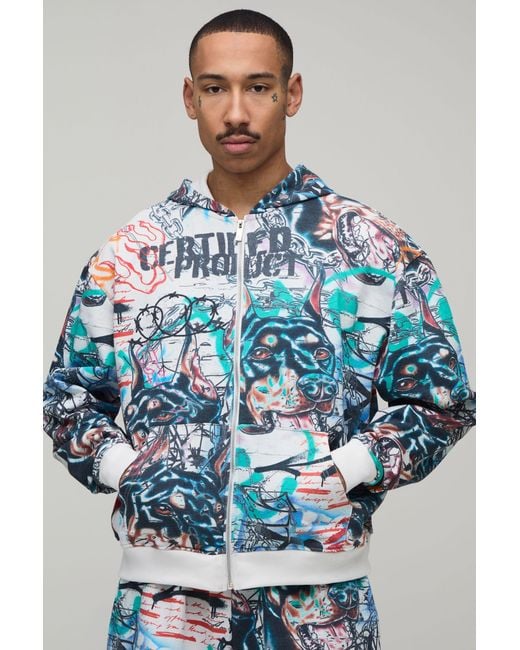 BoohooMAN Blue Oversized Boxy All Over Graffiti Print Zip Through Hoodie for men