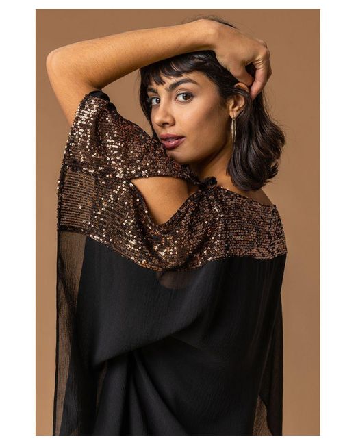 Roman Black Sequin Embellished Chiffon Overlay Top
