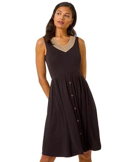 Roman Black Contrast V-Neck Stretch Midi Dress
