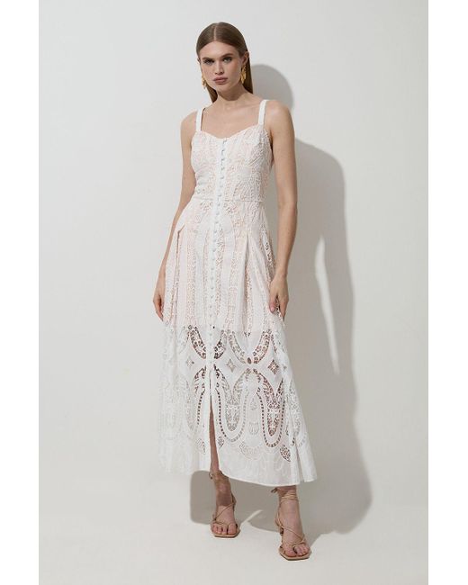 Karen Millen Sheer Georgette Cutwork Strappy Woven Maxi Dress in White |  Lyst UK