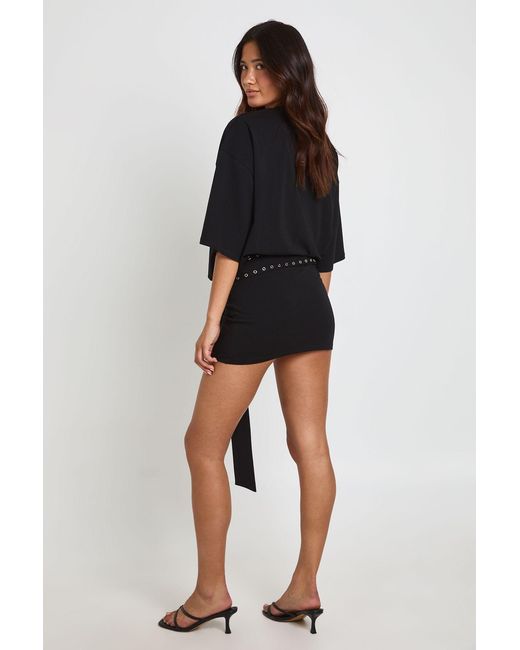 Boohoo Black Oversized Mini Dress With Studded Belt