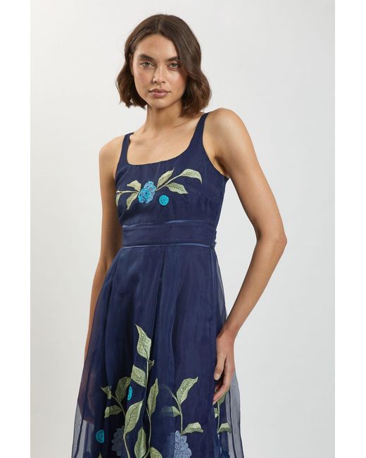 Karen Millen Blue Embroidered Detail Organdie Midi Dress