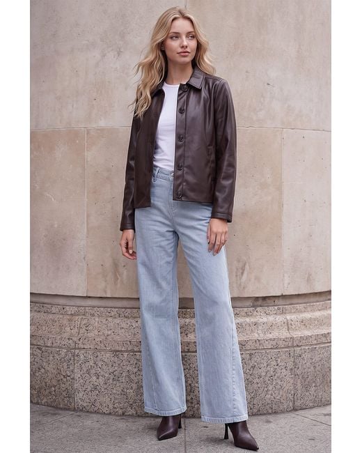 Roman Brown Petite Faux Leather Button Jacket