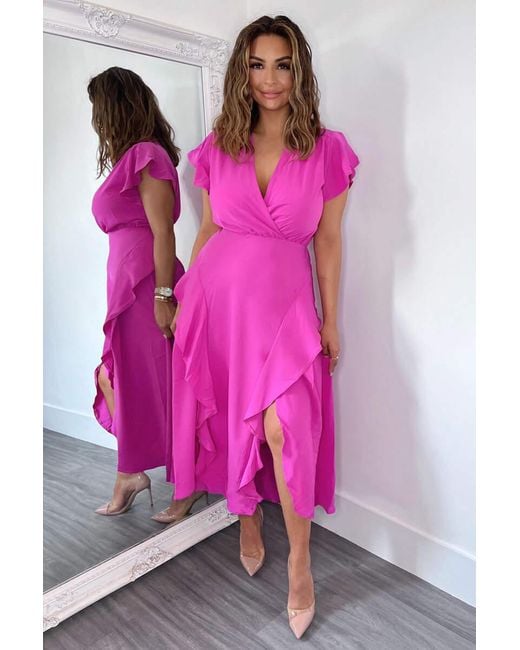 AX Paris Pink Cerise Frill Detail Double Split Skirt Midi Dress