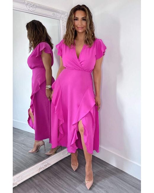 Ax Paris Satin Midi Dress Pink AX Paris Cerise Frill Detail Double