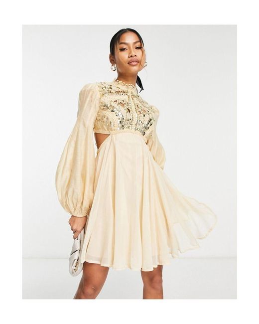 ASOS White Embellished Balloon Sleeve Mini Dress With Diamante Cage Cut Out Detail