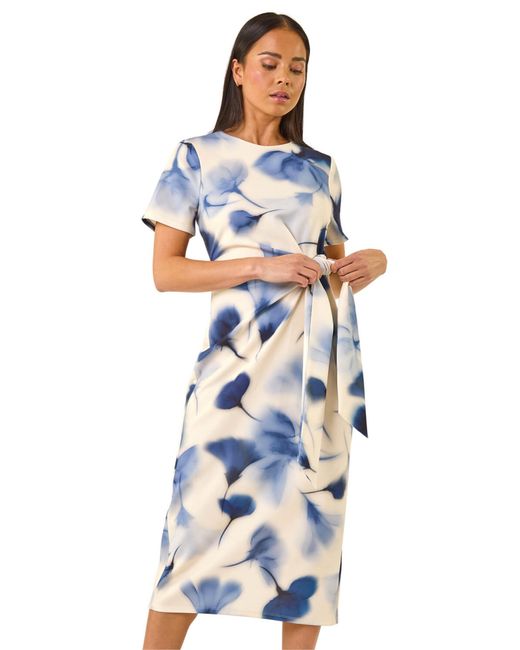 Roman Blue Petite Print Tie Waist Midi Dress