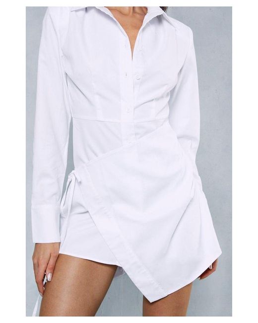 MissPap White Poplin Wrap Skirt Shoulder Pad Long Sleeve Shirt Dress