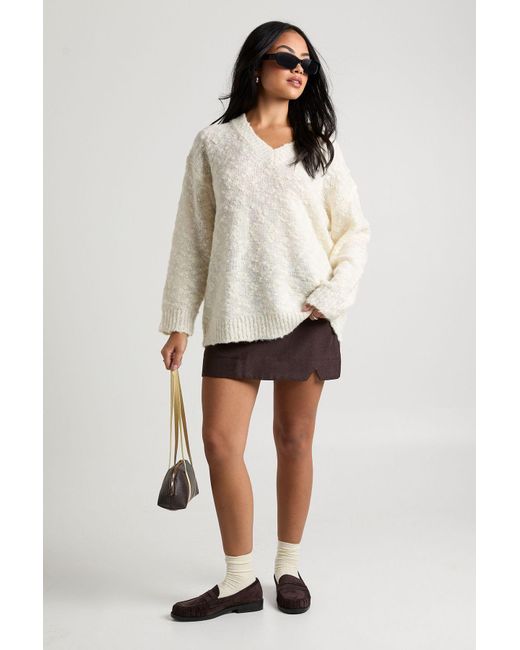 Boohoo Natural Textured Knit V Neck Oversized Sweater