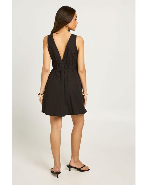 Boohoo Black Deep V Front Tie Mini Skater Dress