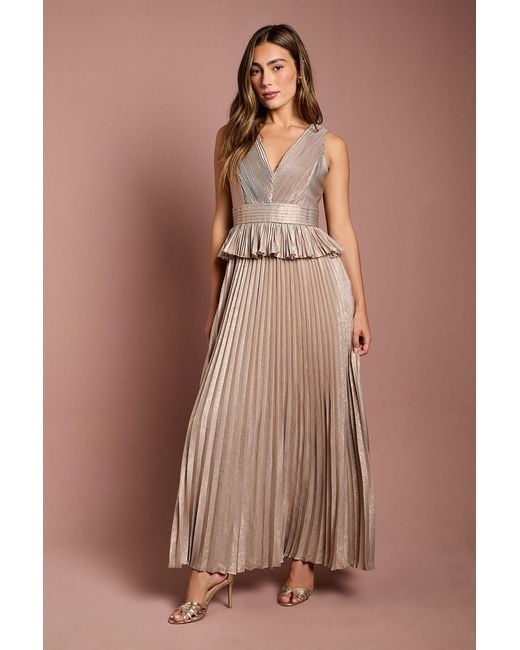 Coast Brown Sleeveless Metallic Pleated Maxi Dress With Peplum