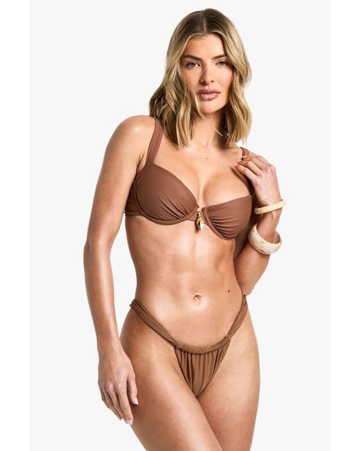 Boohoo Brown Shell Trim Ruched Tanga Bikini Bottoms