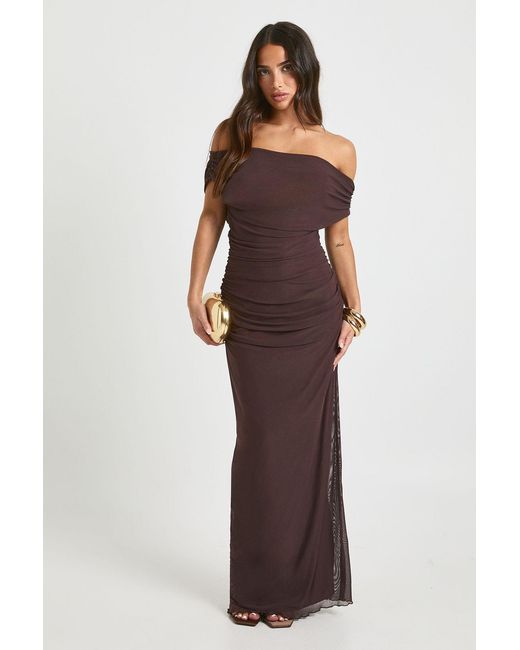 Boohoo Brown Off The Shoulder Mesh Maxi Dress