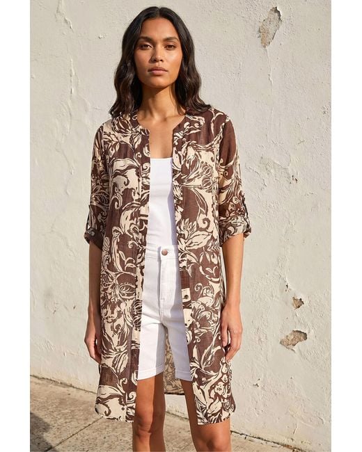Roman Natural Leaf Print Longline Button Blouse