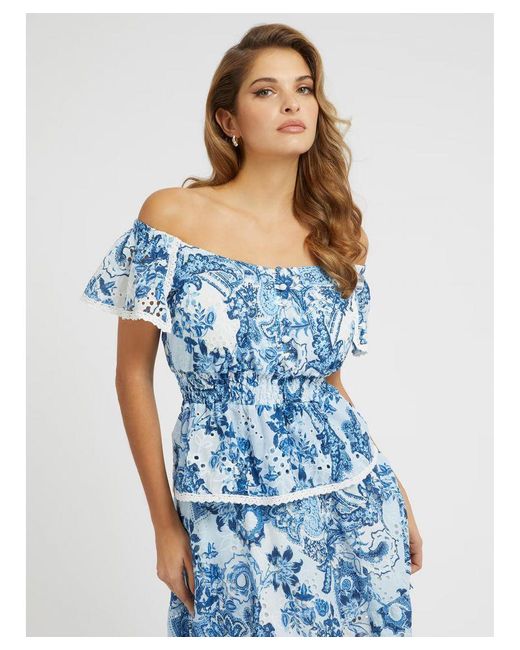 Guess Blue Peggy Printed Ruffled Top Cotton