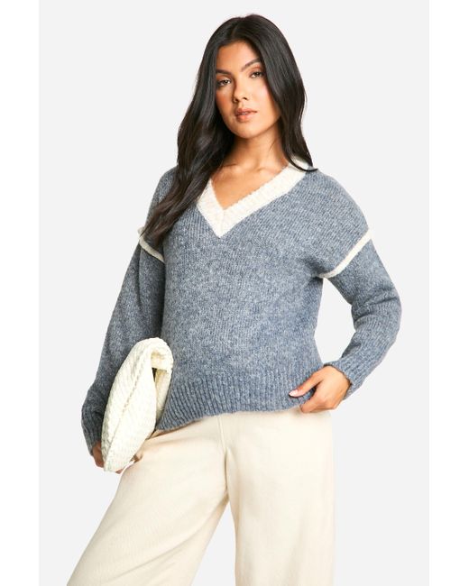 Boohoo Blue Maternity Soft Knit Contrast Detail Knitted V Neck Jumper