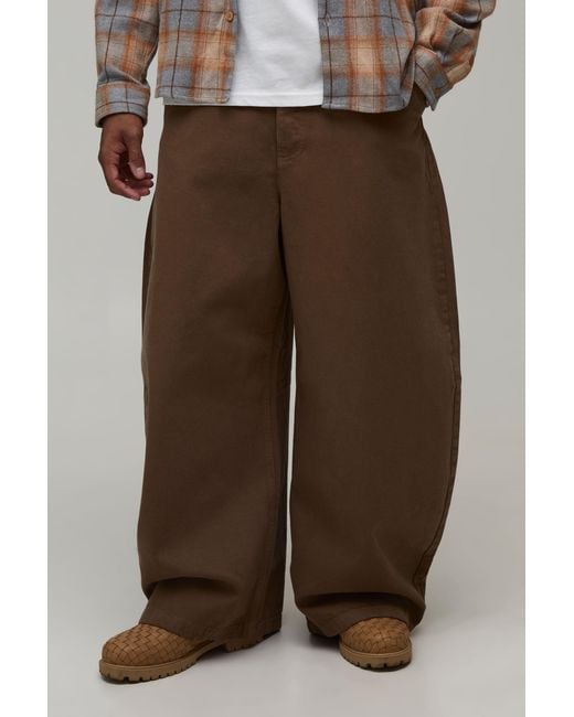 BoohooMAN Brown Barrell Leg Half & Waistband Washed Twill Trousers for men